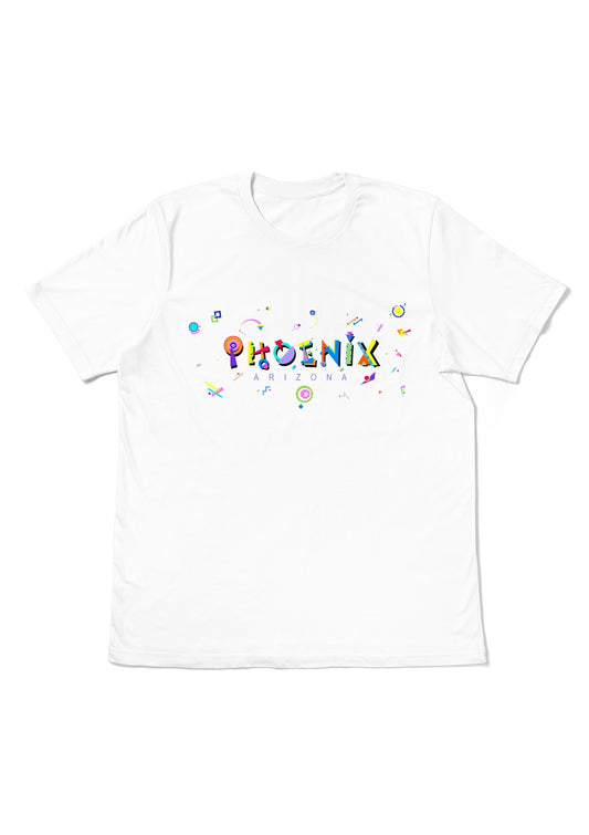 PHOENIX, ARIZONA, printed colorful Memphis font white flat tee