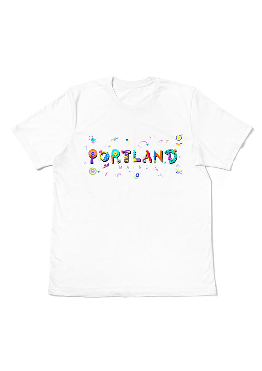PORTLAND, MAINE, printed colorful Memphis font white flat tee
