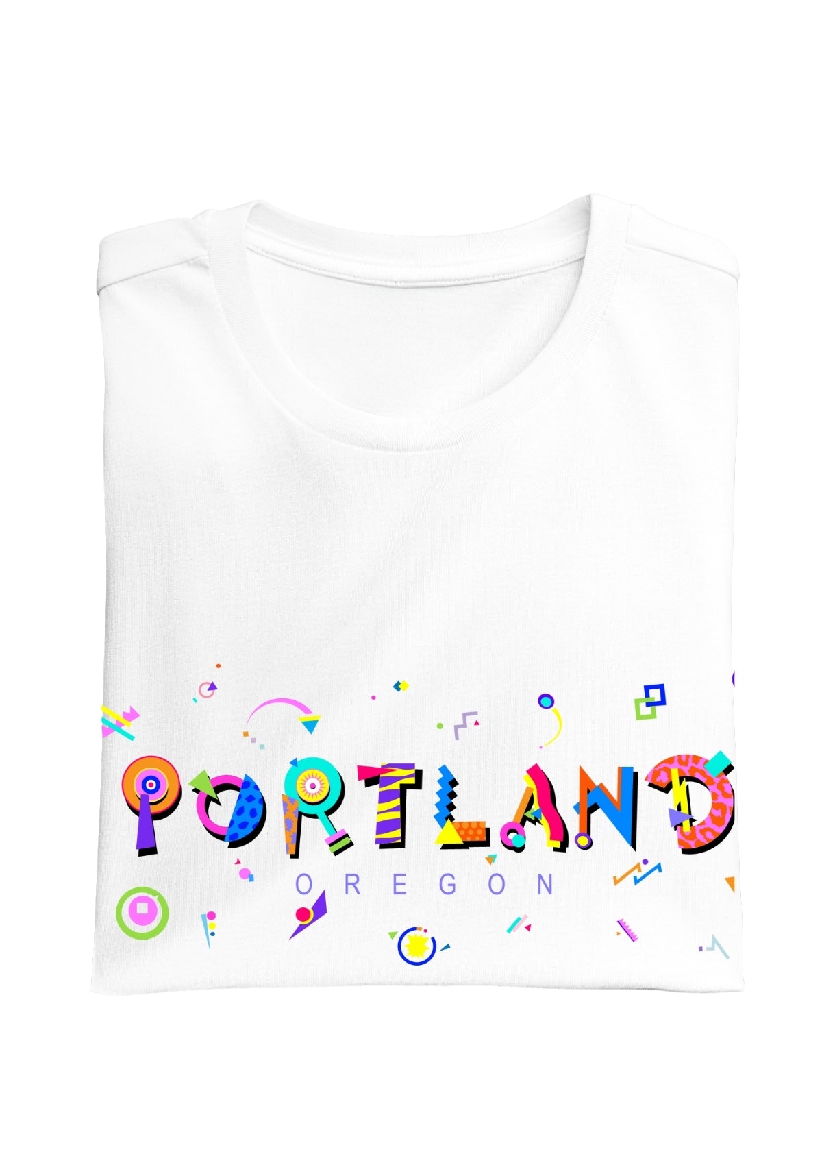 PORTLAND, OREGON, colorful Memphis Style Font on white folded tee