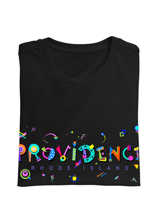 PROVIDENCE, RHODE, ISLAND,  printed colorful Memphis font black folded tee