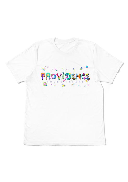 PROVIDENCE, RHODE ISLAND, printed colorful Memphis font white flat tee