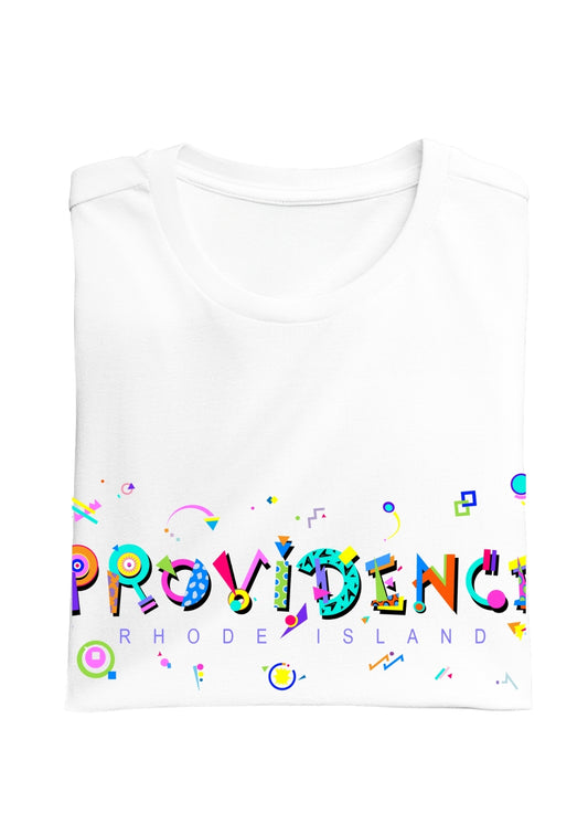 PROVIDENCE, RHODE ISLAND, colorful Memphis Style Font on white folded tee
