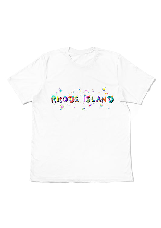 RHODE ISLAND,  printed colorful Memphis font white flat tee