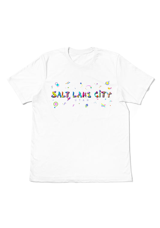 SALT LAKE CITY, UTAH, printed colorful Memphis font white flat tee