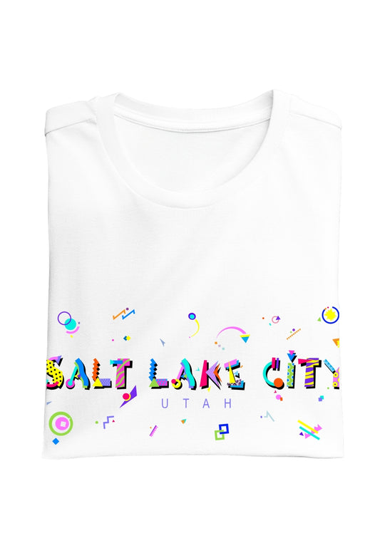 SALT LAKE CITY, UTAH,  colorful Memphis Style Font on white folded tee