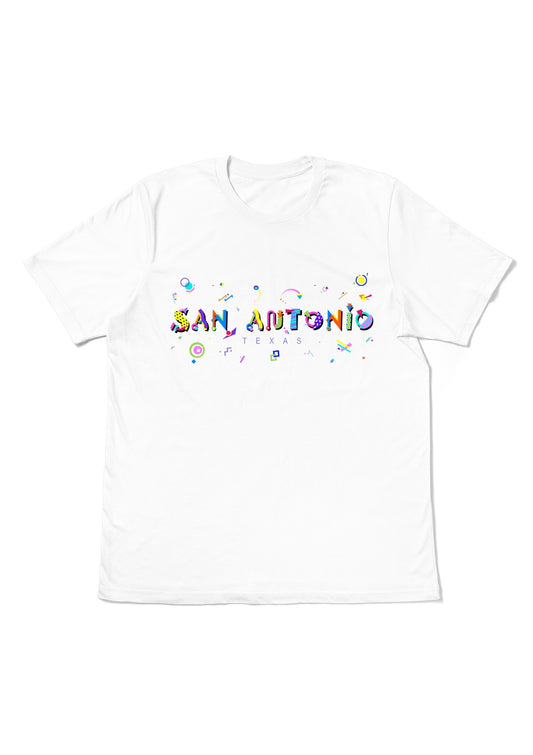 SAN ANTONIO, TEXAS,  printed colorful Memphis font white flat tee