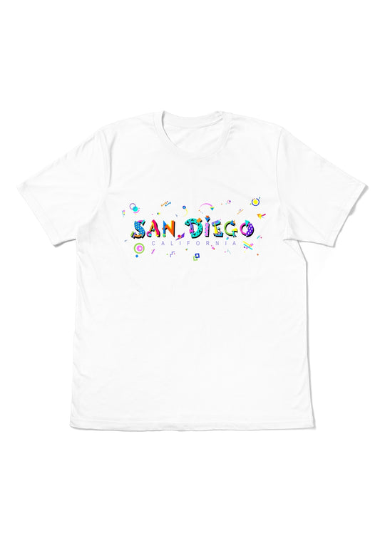SAN DIEGO, CALIFORNIA,  printed colorful Memphis font white flat tee
