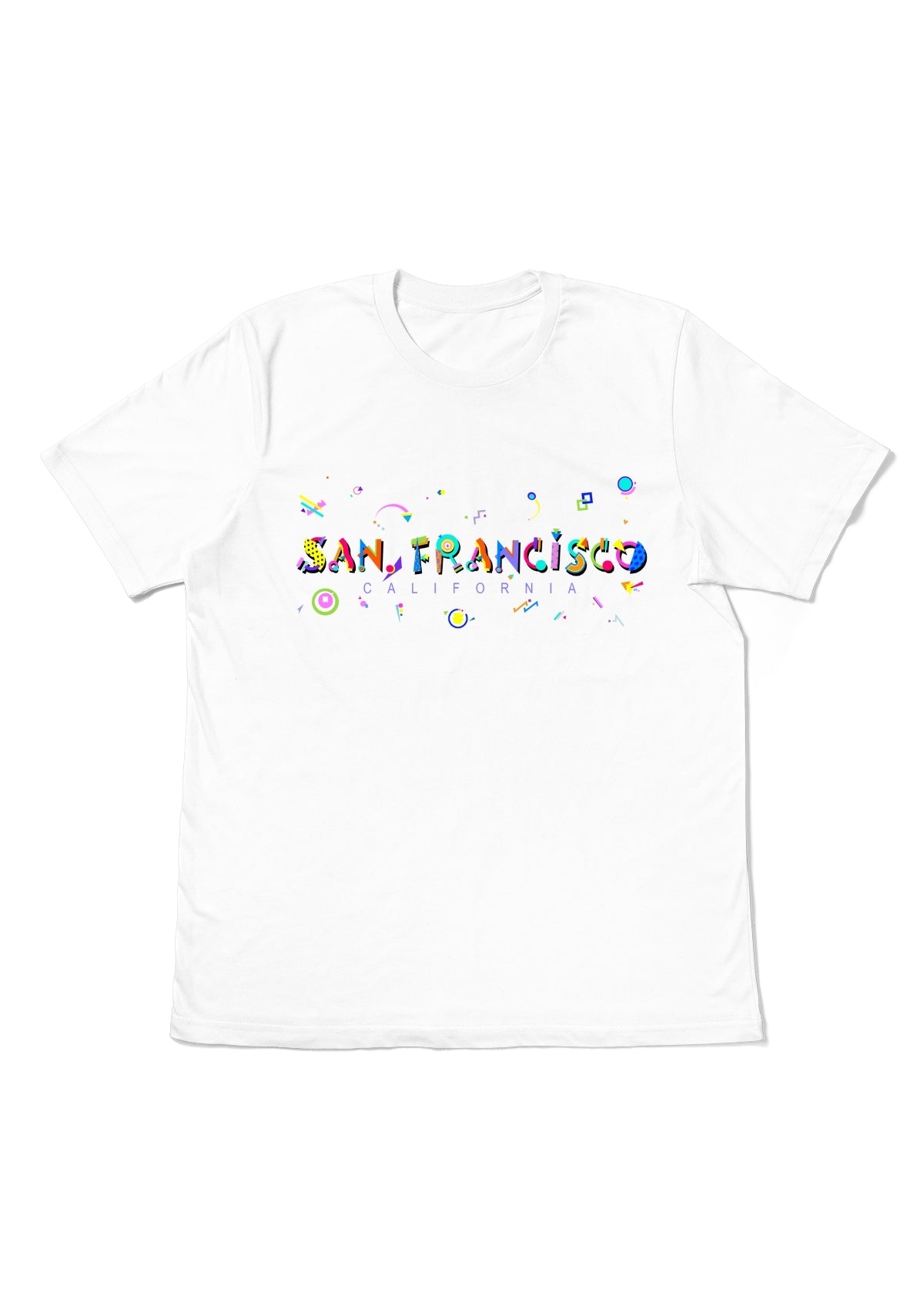 SAN FRANCISCO, CALIFORNIA, printed colorful Memphis font white flat tee
