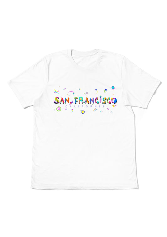 SAN FRANCISCO, CALIFORNIA, printed colorful Memphis font white flat tee