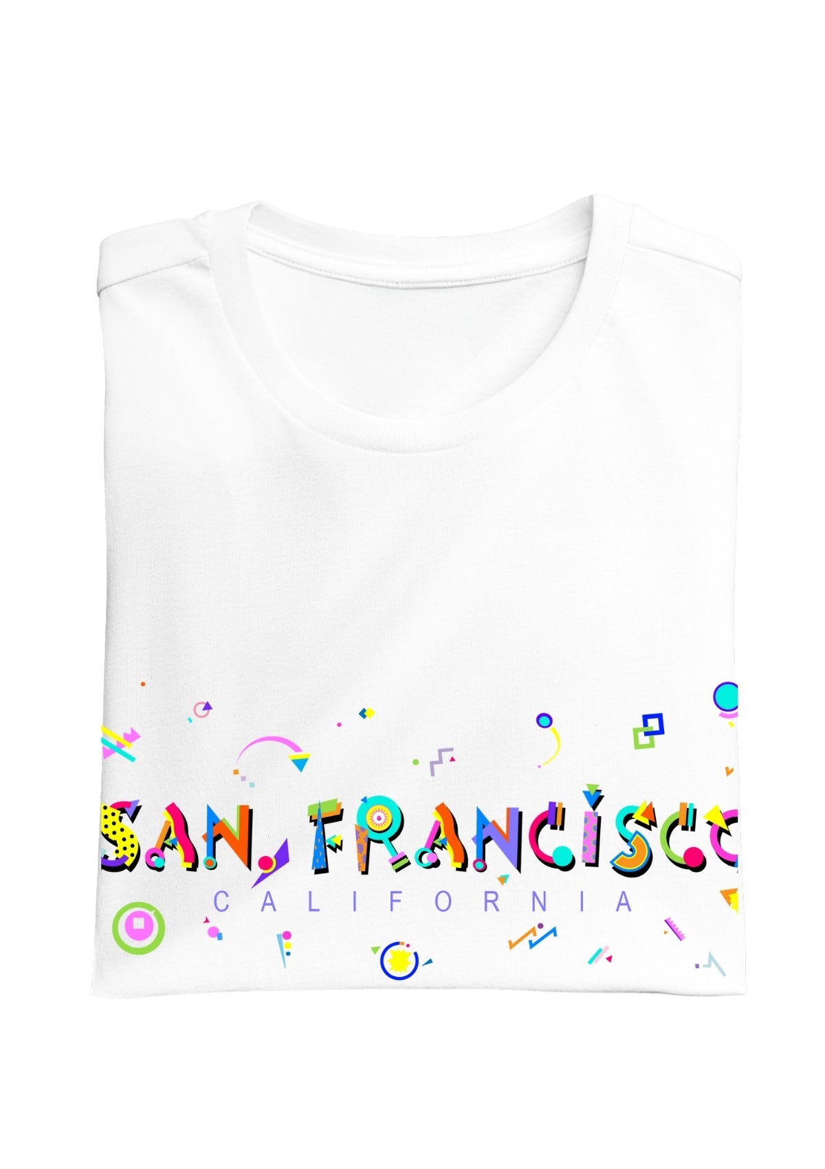 SAN FRANCISCO, CALIFORNIA, colorful Memphis Style Font on white folded tee