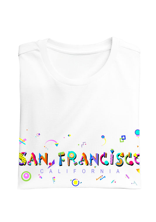 SAN FRANCISCO, CALIFORNIA, colorful Memphis Style Font on white folded tee