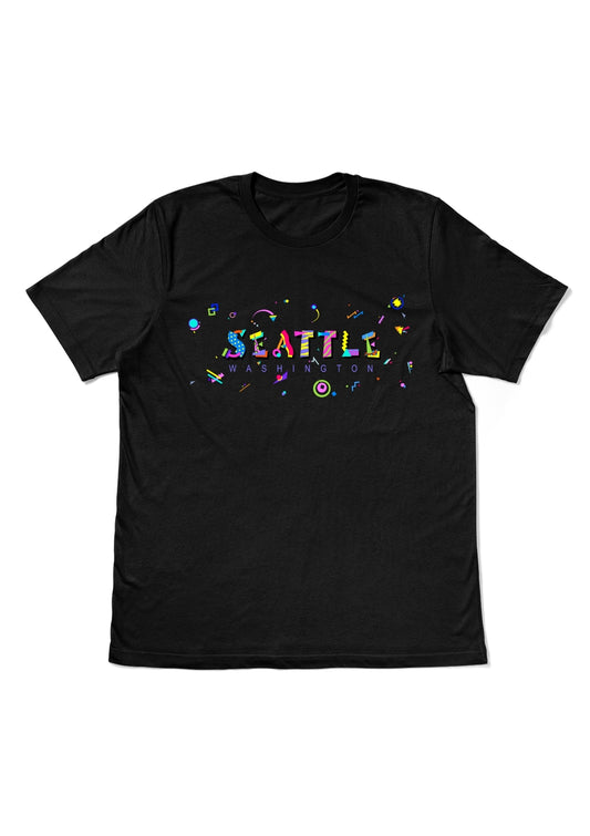 SEATTLE, WASHINGTON,  printed colorful Memphis style font black flat tee