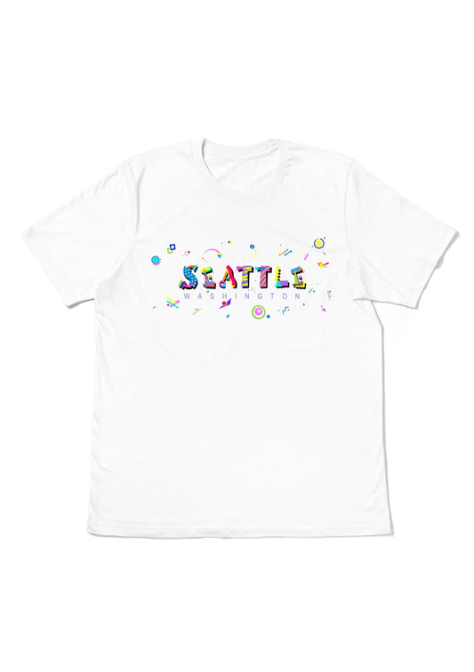 SEATTLE, WASHINGTON,  printed colorful Memphis font white flat tee