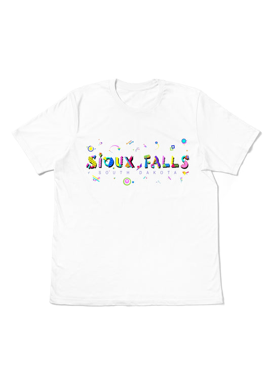 SIOUX FALLS, SOUTH DAKOTA  printed colorful Memphis font white flat tee