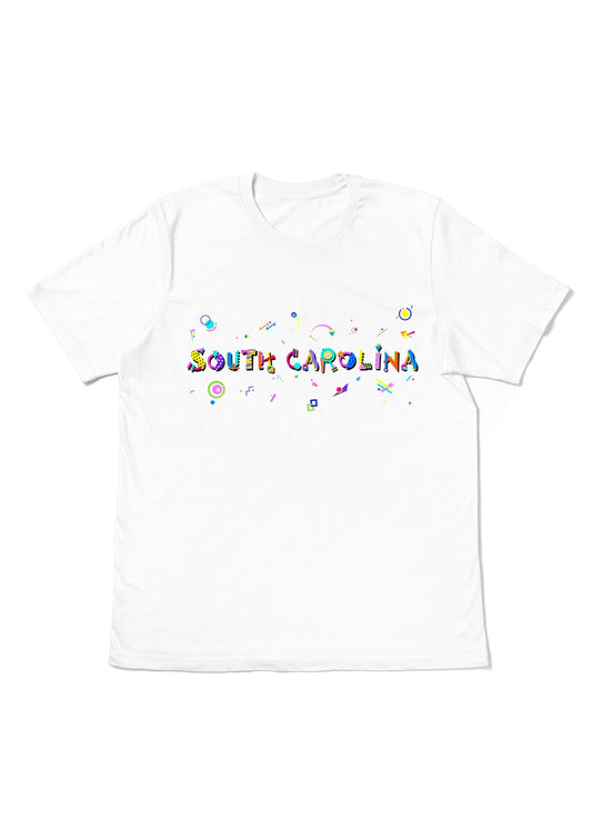 SOUTH CAROLINA,  printed colorful Memphis font white flat tee