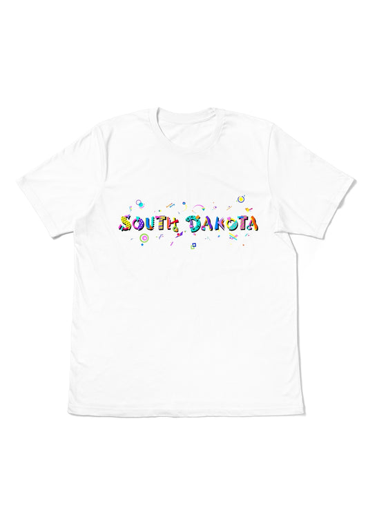 SOUTH DAKOTA, printed colorful Memphis font white flat tee