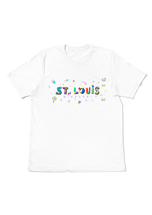 ST. LOUIS, MISSOURI, printed colorful Memphis font white flat tee