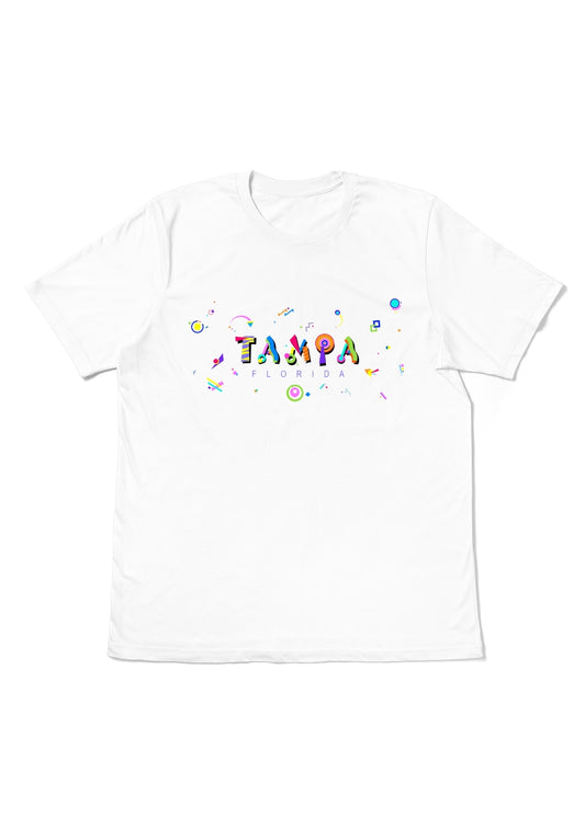 TAMPA, FLORIDA,  printed colorful Memphis font white flat tee