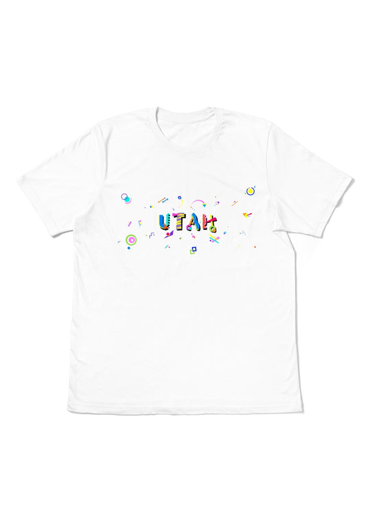 UTAH, printed colorful Memphis font white flat tee