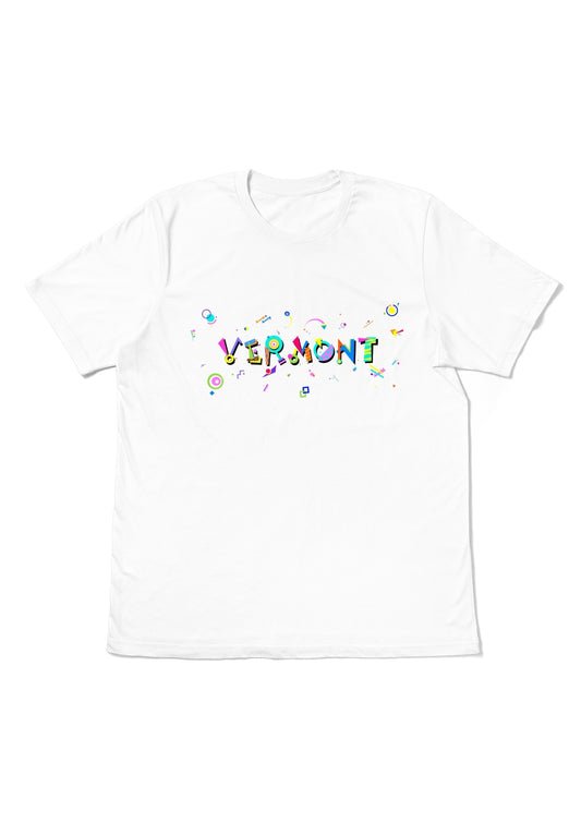 VERMONT, printed colorful Memphis font white flat tee