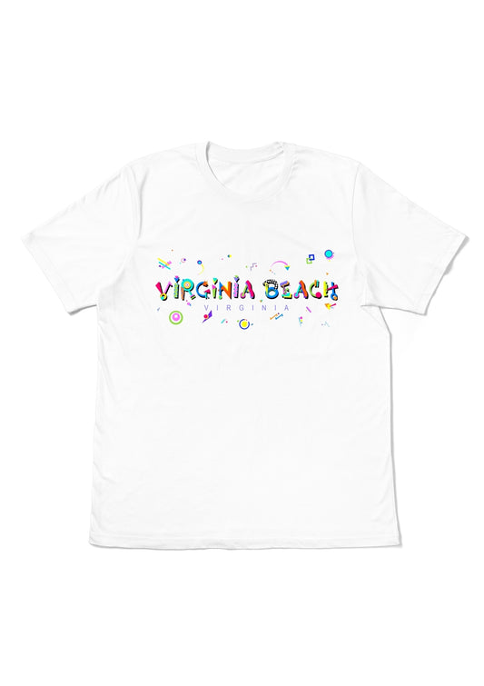 VIRGINIA BEACH, VIRGINIA, printed colorful Memphis font white flat tee