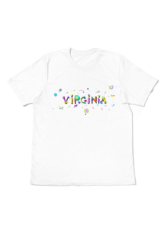 VIRGINIA,  printed colorful Memphis font white flat tee