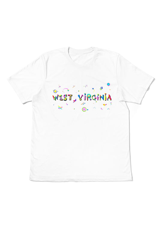 WEST VIRGINIA, printed colorful Memphis font white flat tee