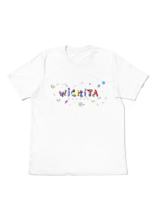 WICHITA, KANSAS,  printed colorful Memphis font white flat tee