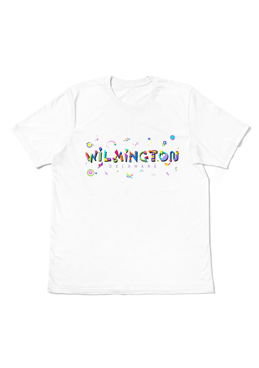 WILMINGTON, DELAWARE, printed colorful Memphis font white flat tee