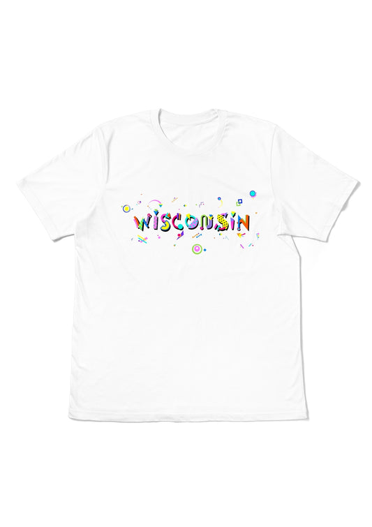 WISCONSIN, printed colorful Memphis font white flat tee