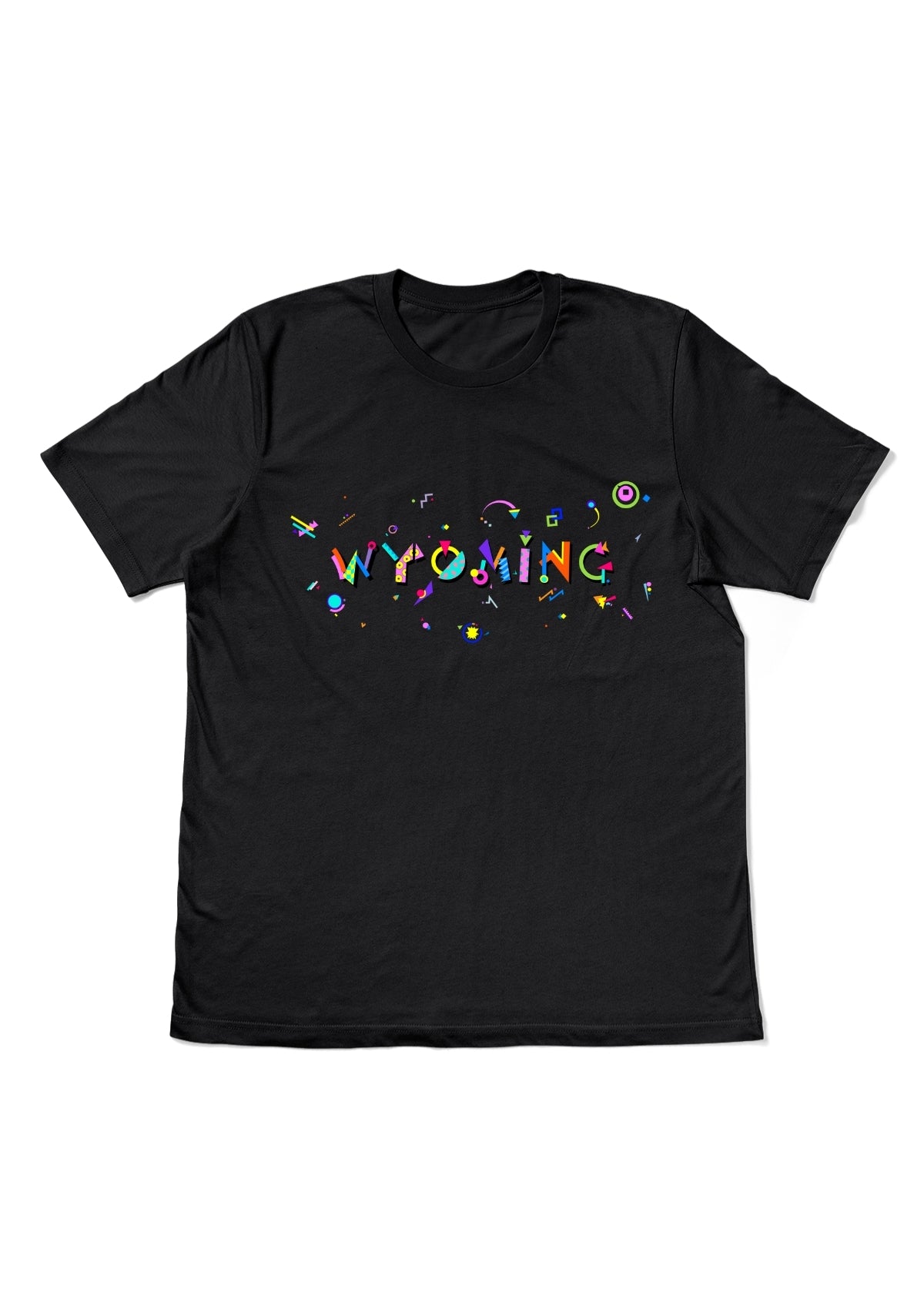 WYOMING, printed colorful Memphis style font black flat tee