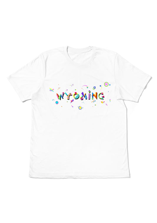 WYOMING,  printed colorful Memphis font white flat tee