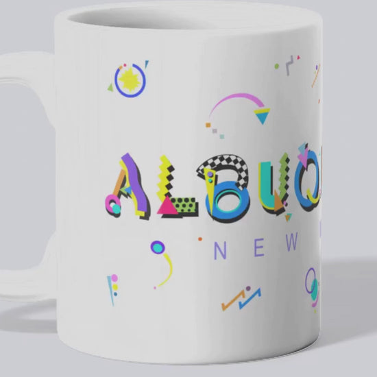 albuquereque white ceramic mug with POPtype font