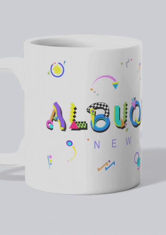 albuquereque white ceramic mug with POPtype font