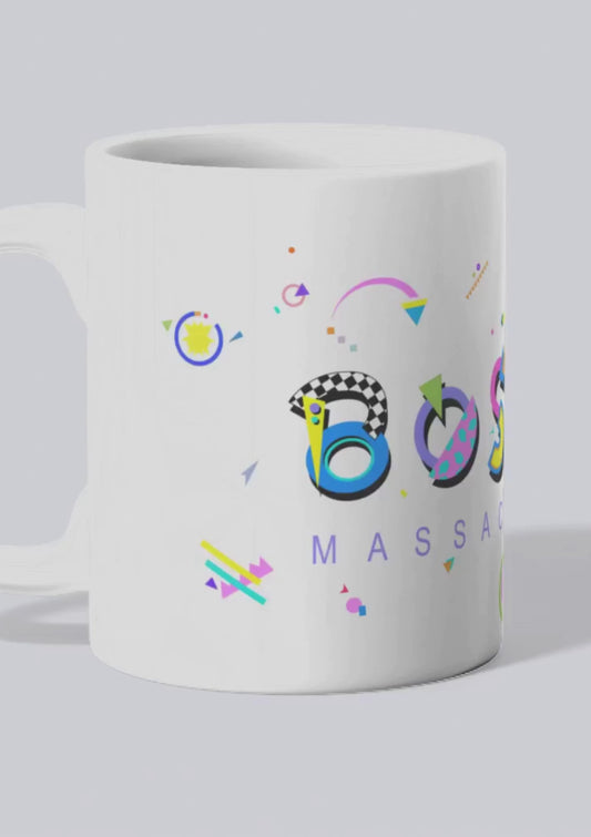 Boston Massachusetts white ceramic coffee mug in the POPtype font video