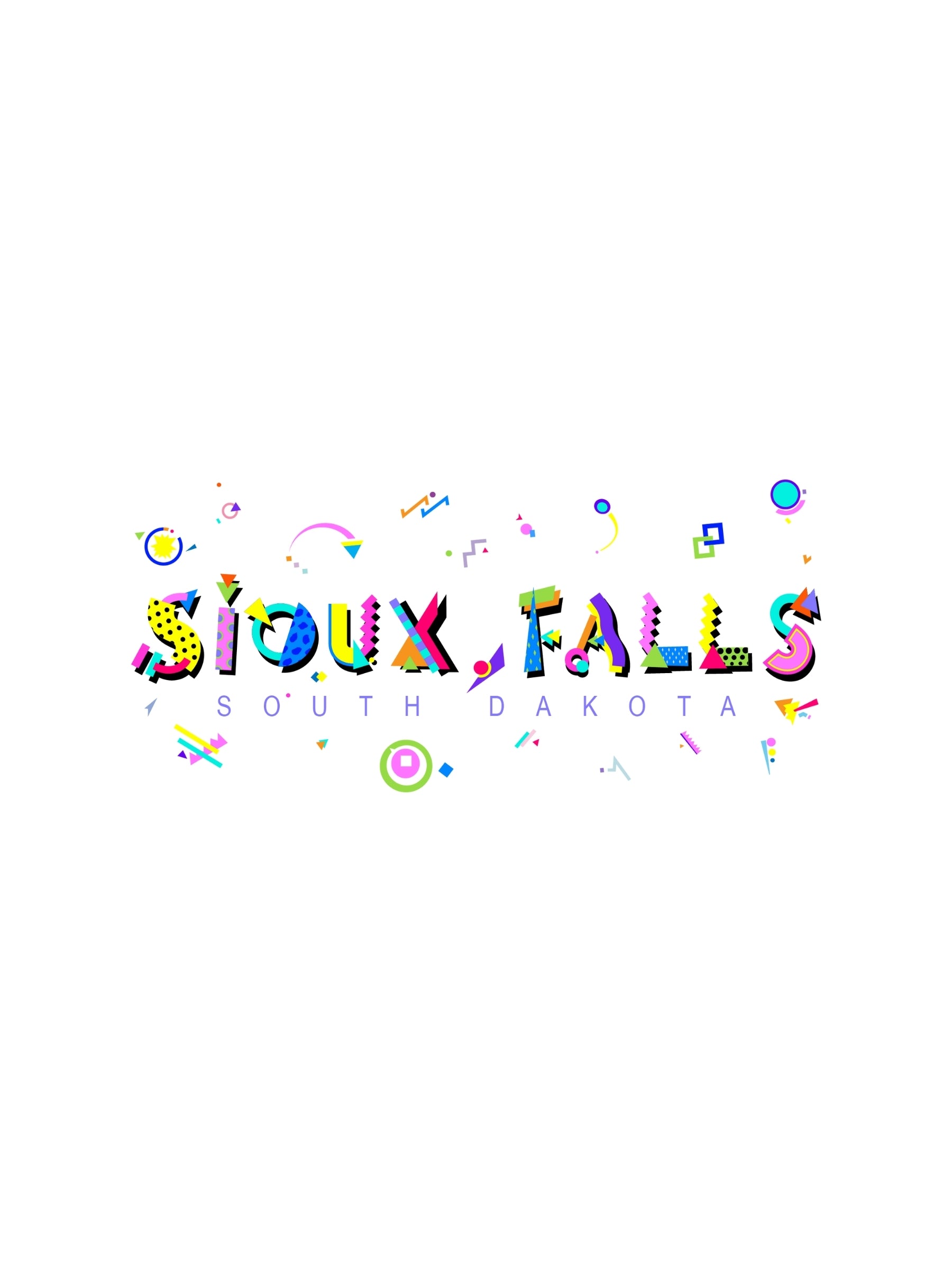 A colorful graphic t-shirt with 'Sioux Falls, South Dakota' text in bold letters, accompanied by playful geometric designs.