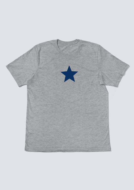 Minimal USA blue star graphic on athletic grey t-shirt
